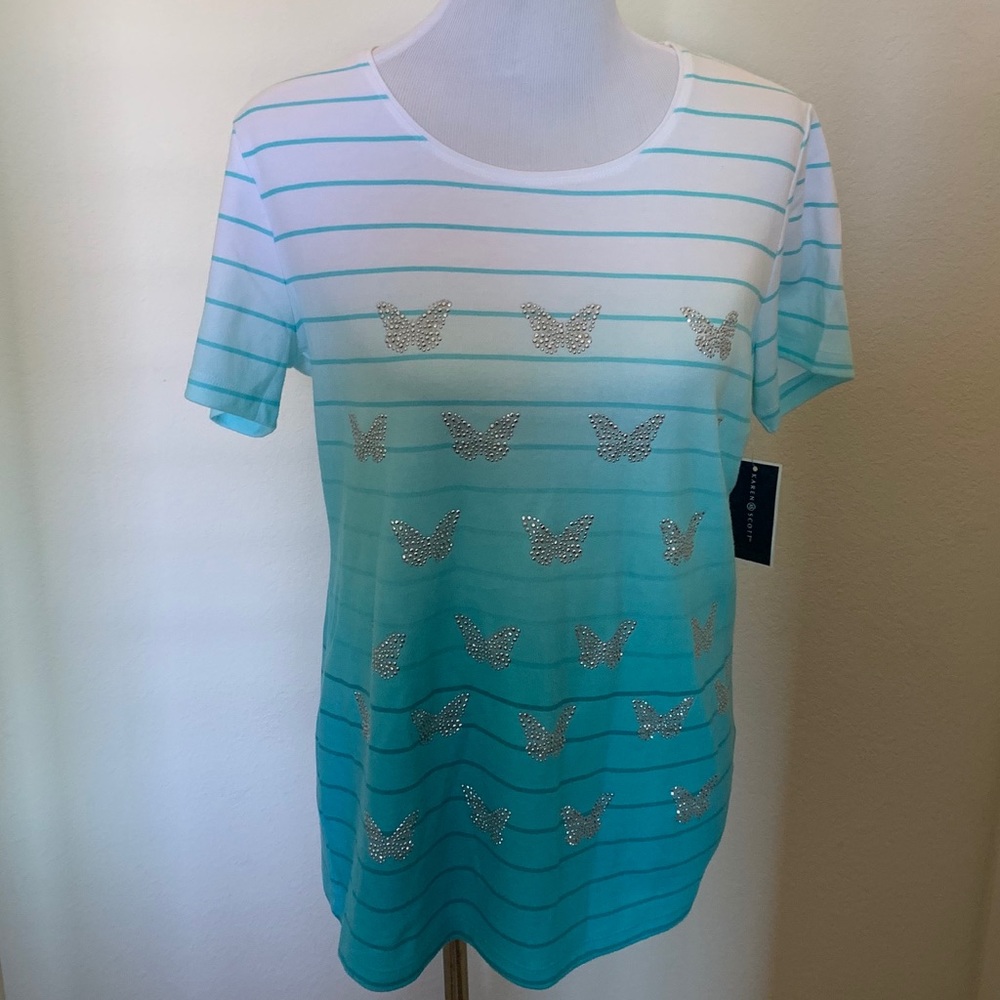 Karen Scott White and Aqua Striped Top